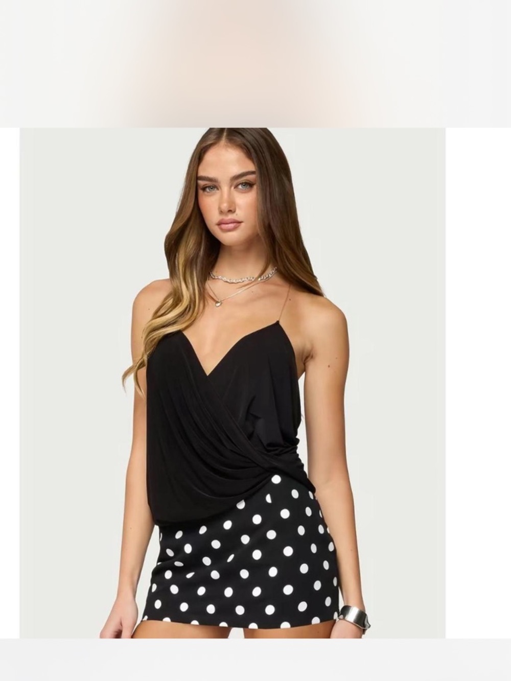 Edikted Black Draped V-Neck Cami with White Polka Dot Skirt